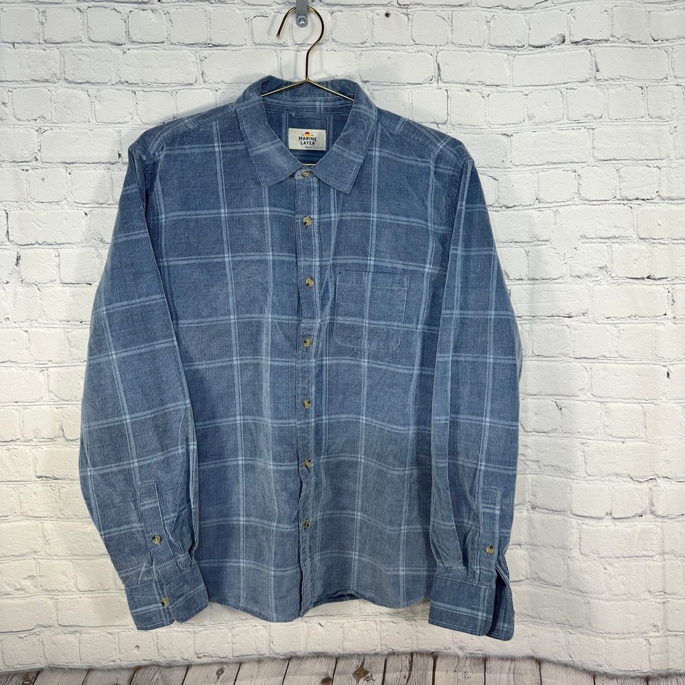 Marine Layer Mens Blue Plaid Corduroy Button Down Shirt Small 15701 Spring 2024